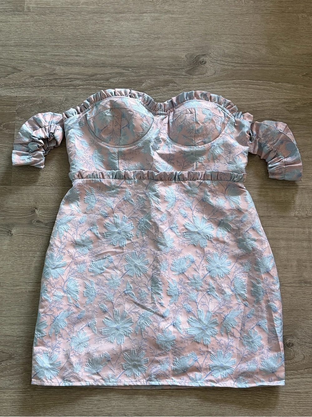 LPA Pink and Light Blue Floral Jacquard Off-Shoulder Dress